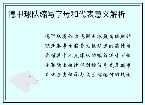德甲球队缩写字母和代表意义解析