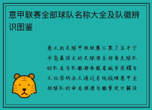 意甲联赛全部球队名称大全及队徽辨识图鉴
